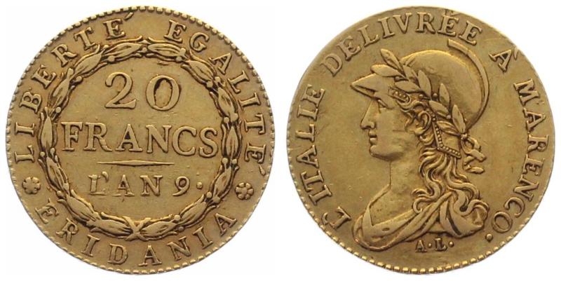 Subalpine Republik Piermont 20 Francs Marengo L'AN 9 (1800)